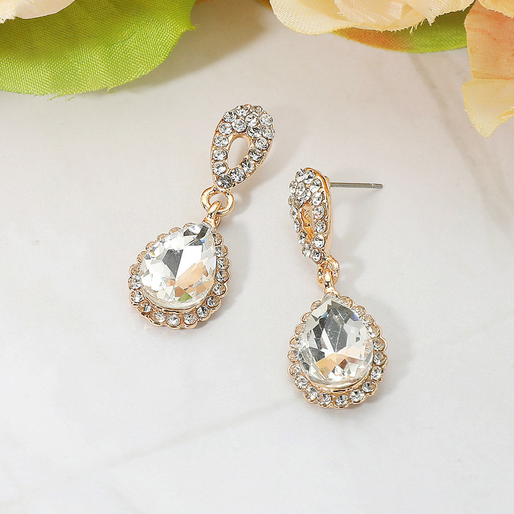 Madeline Love Clear, Gold Iridescent Teardrop Crystal Dangle Earrings