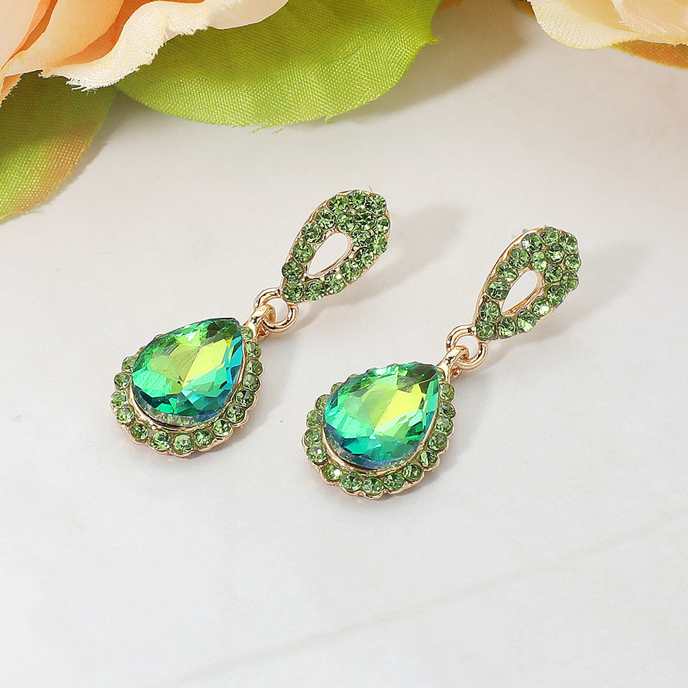 Madeline Love Gold, Olive Green Iridescent Teardrop Crystal Dangle Earrings