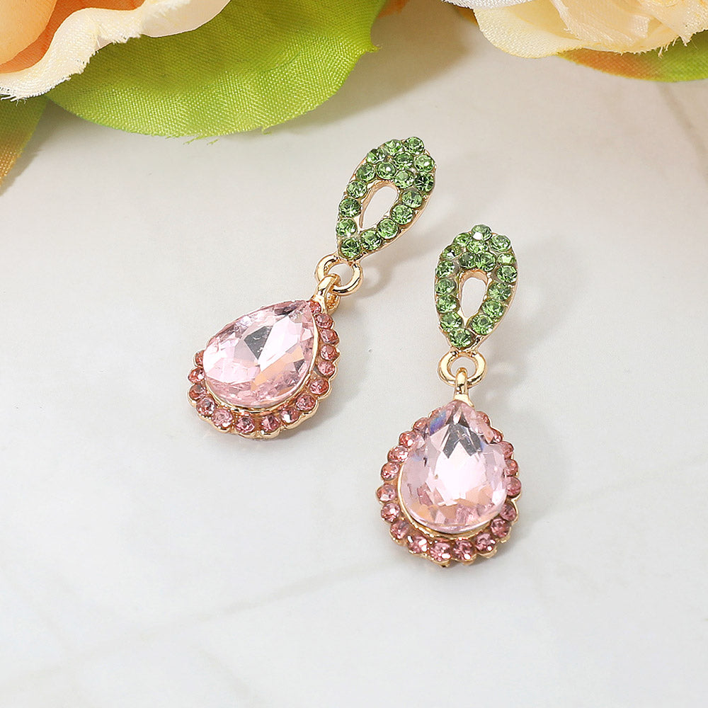 Madeline Love Gold, Pink&Green Iridescent Teardrop Crystal Dangle Earrings