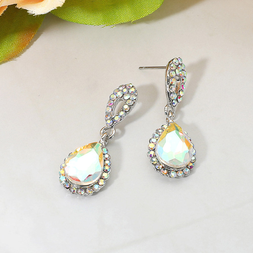 Madeline Love AB, Silver Iridescent Teardrop Crystal Dangle Earrings