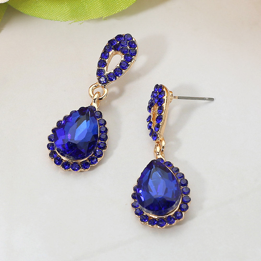 Madeline Love Gold, Sapphire Iridescent Teardrop Crystal Dangle Earrings