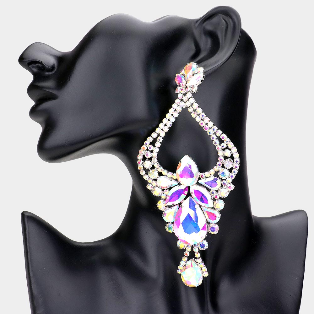 Madeline Love AB, Silver Oversized Teardrop Marquise Stone Embellished Rhinestone Pave Evening Earrings
