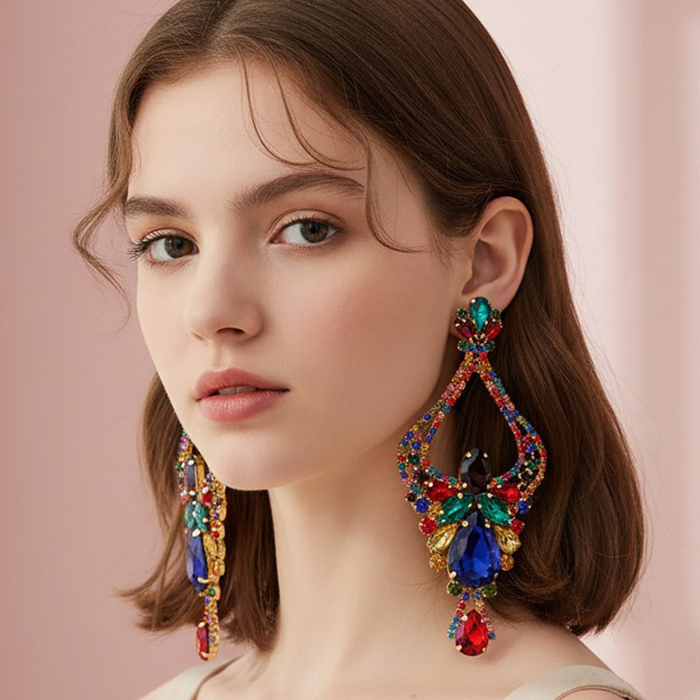 Madeline Love Blue, Multi Oversized Teardrop Marquise Stone Embellished Rhinestone Pave Evening Earrings