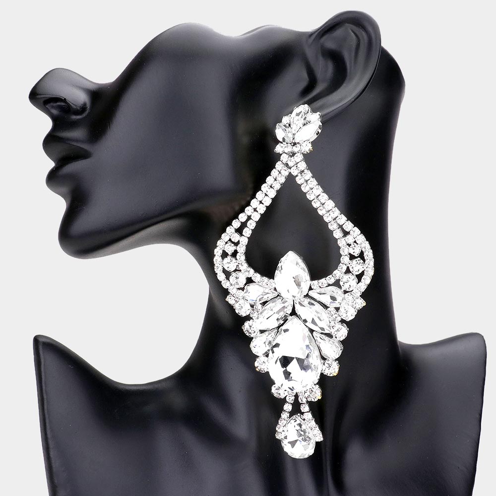 Madeline Love Silver Oversized Teardrop Marquise Stone Embellished Rhinestone Pave Evening Earrings