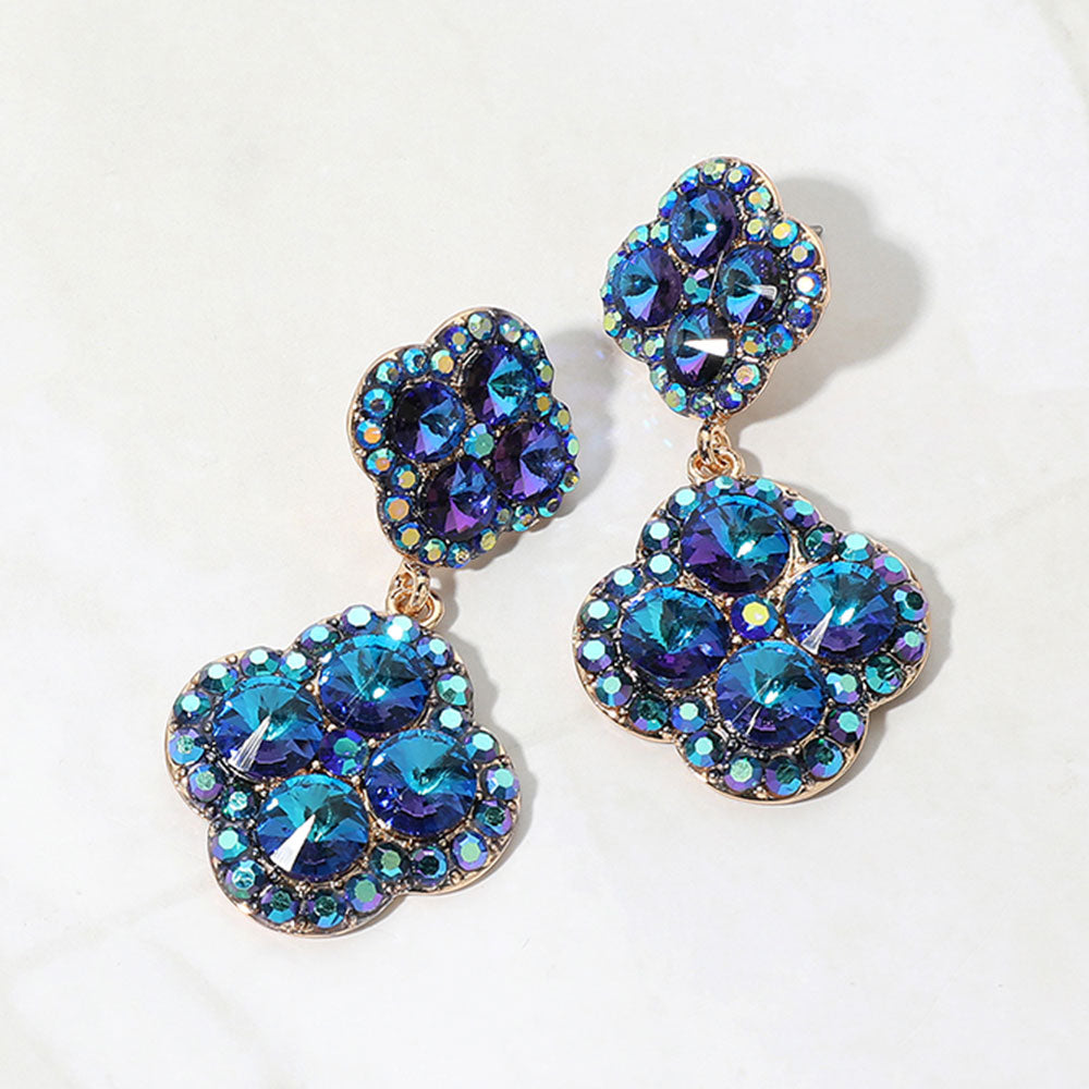 Madeline Love AB, Blue Sparkling Double Quatrefoil Cluster Link Drop Evening Earrings