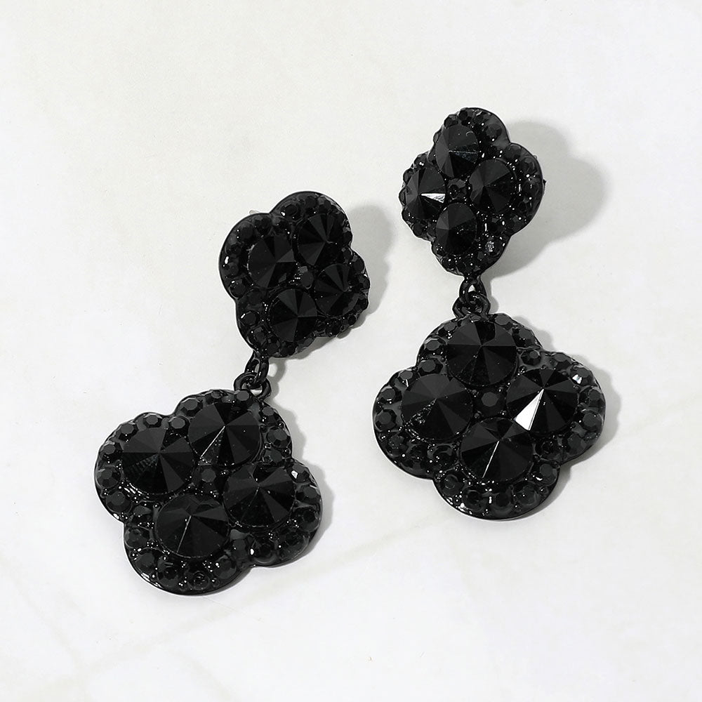 Madeline Love Jet Black Sparkling Double Quatrefoil Cluster Link Drop Evening Earrings