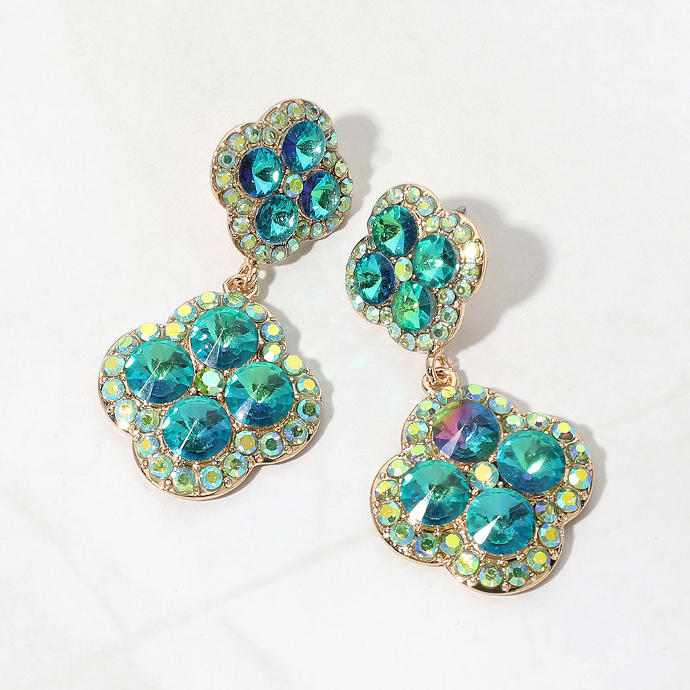 Madeline Love AB, Olive Green Sparkling Double Quatrefoil Cluster Link Drop Evening Earrings
