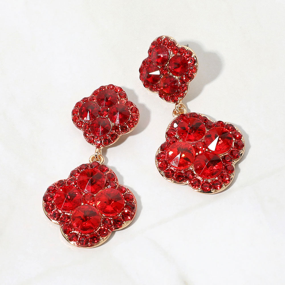 Madeline Love Red Sparkling Double Quatrefoil Cluster Link Drop Evening Earrings