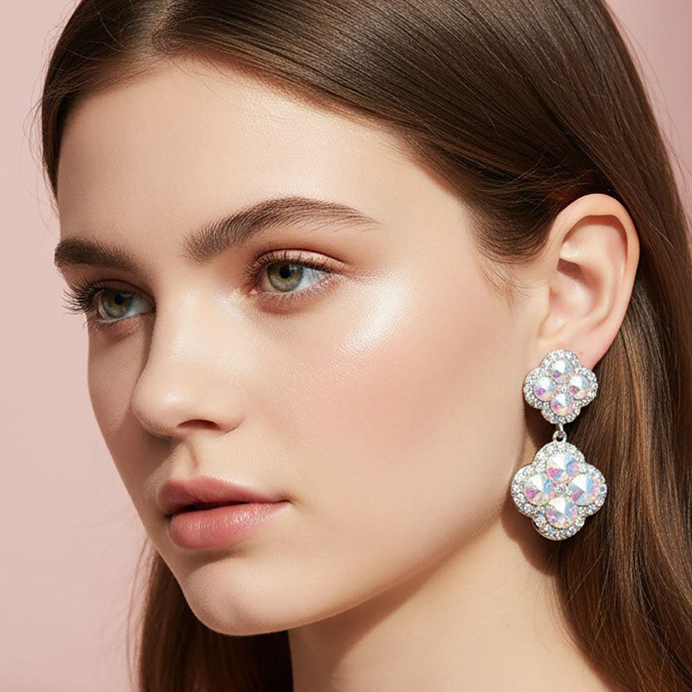 Madeline Love AB, Silver Sparkling Double Quatrefoil Cluster Link Drop Evening Earrings