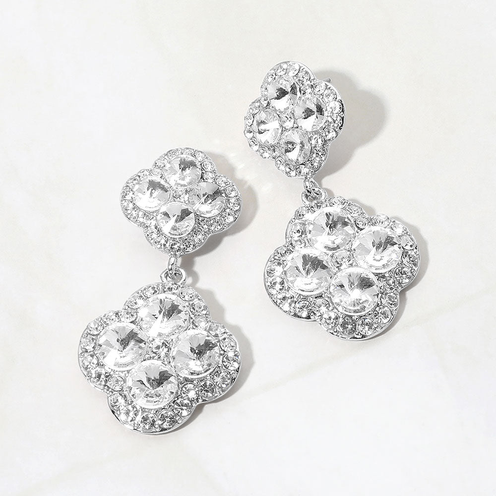Madeline Love Clear, Silver Sparkling Double Quatrefoil Cluster Link Drop Evening Earrings