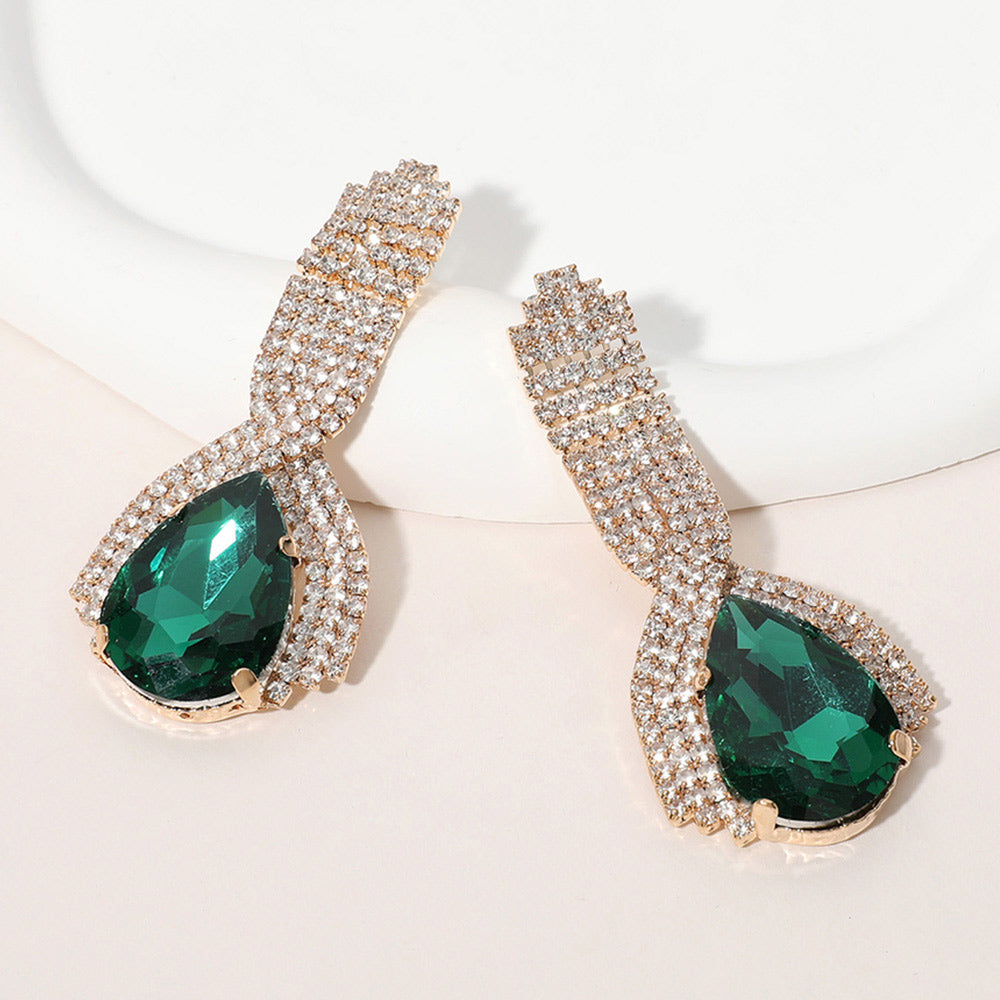 Madeline Love Emerald Teardrop Glass Stone Pointed Rhinestone Paved Evening Earrings