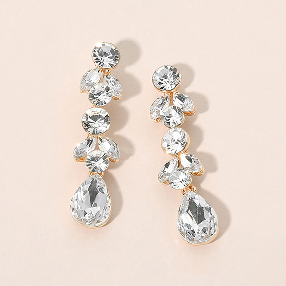 Madeline Love Clear, Gold Round Marquise Teardrop Stone Cluster Link Drop Evening Earrings