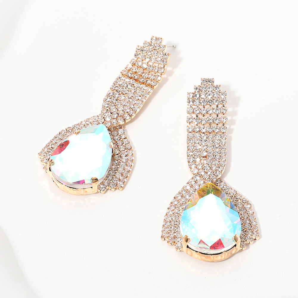 Madeline Love AB, Gold Teardrop Glass Stone Pointed Rhinestone Paved Evening Earrings
