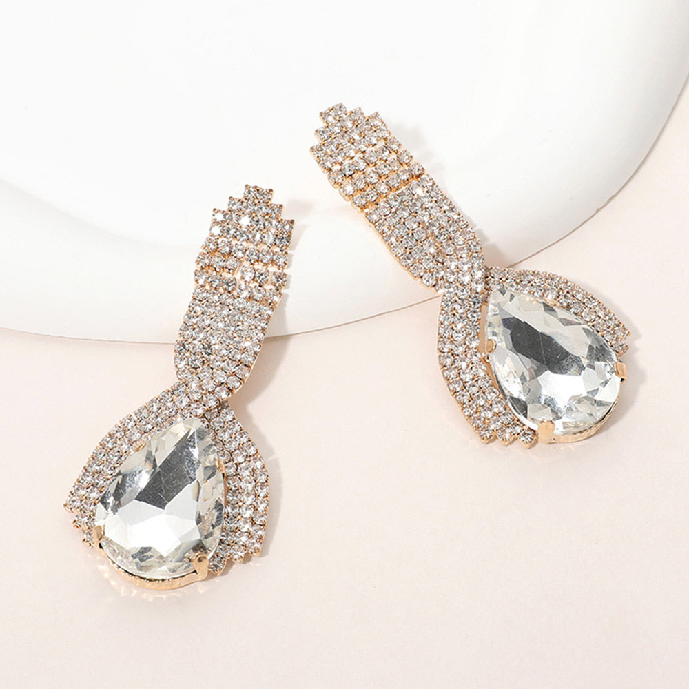 Madeline Love Clear, Gold Teardrop Glass Stone Pointed Rhinestone Paved Evening Earrings