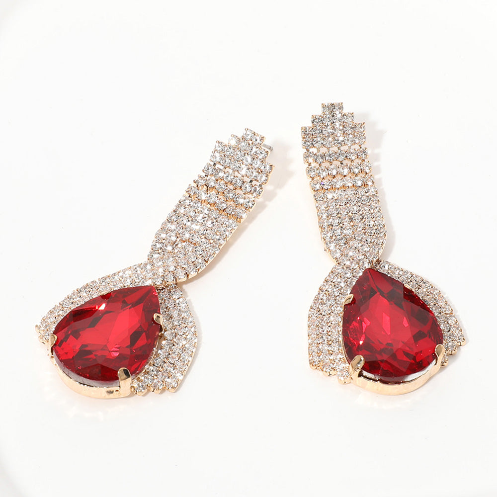 Madeline Love Red Teardrop Glass Stone Pointed Rhinestone Paved Evening Earrings