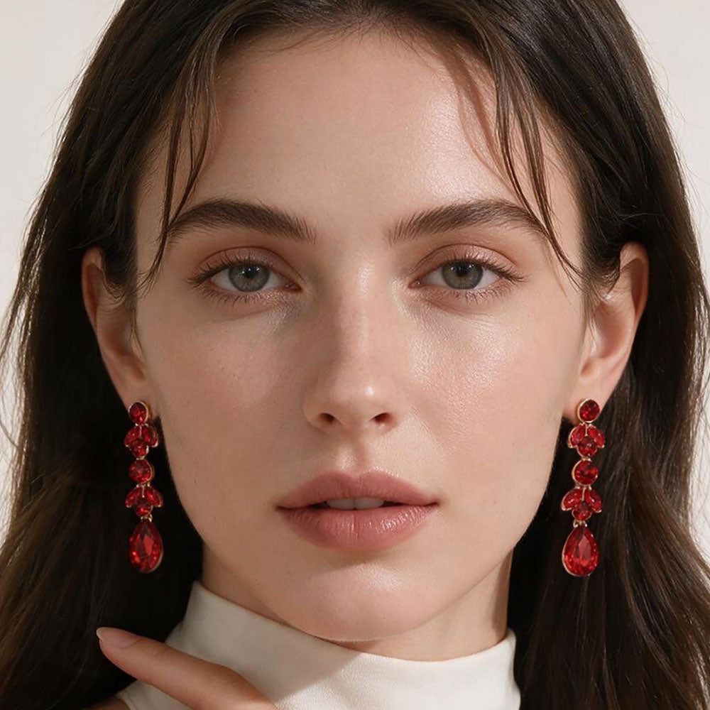 Madeline Love Red Round Marquise Teardrop Stone Cluster Link Drop Evening Earrings