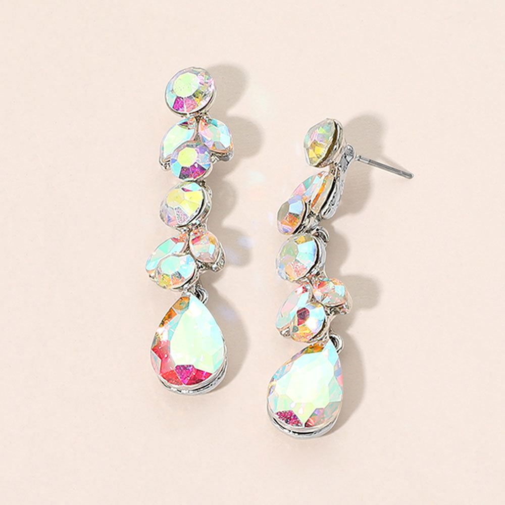 Madeline Love AB, Silver Round Marquise Teardrop Stone Cluster Link Drop Evening Earrings