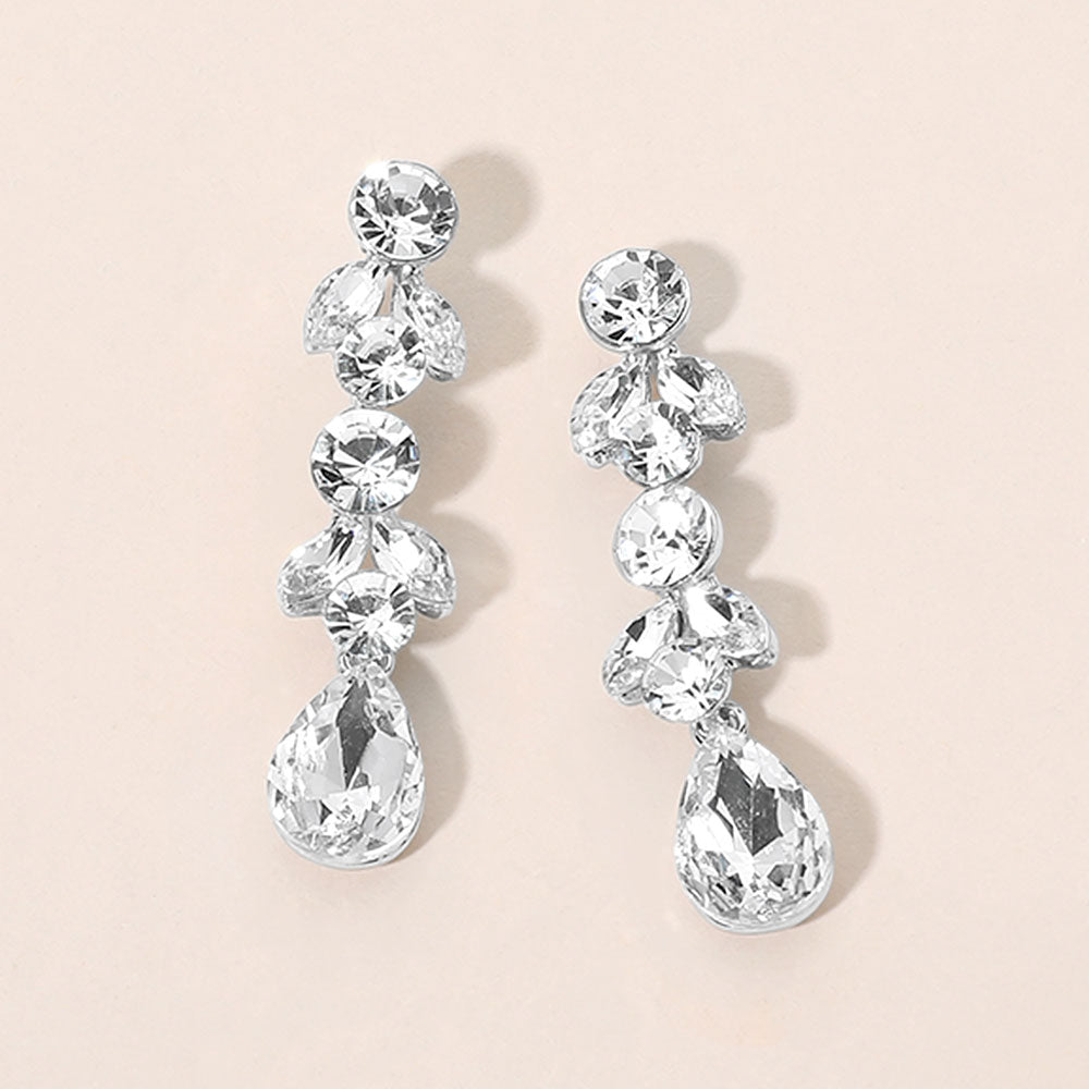 Madeline Love Clear, Silver Round Marquise Teardrop Stone Cluster Link Drop Evening Earrings