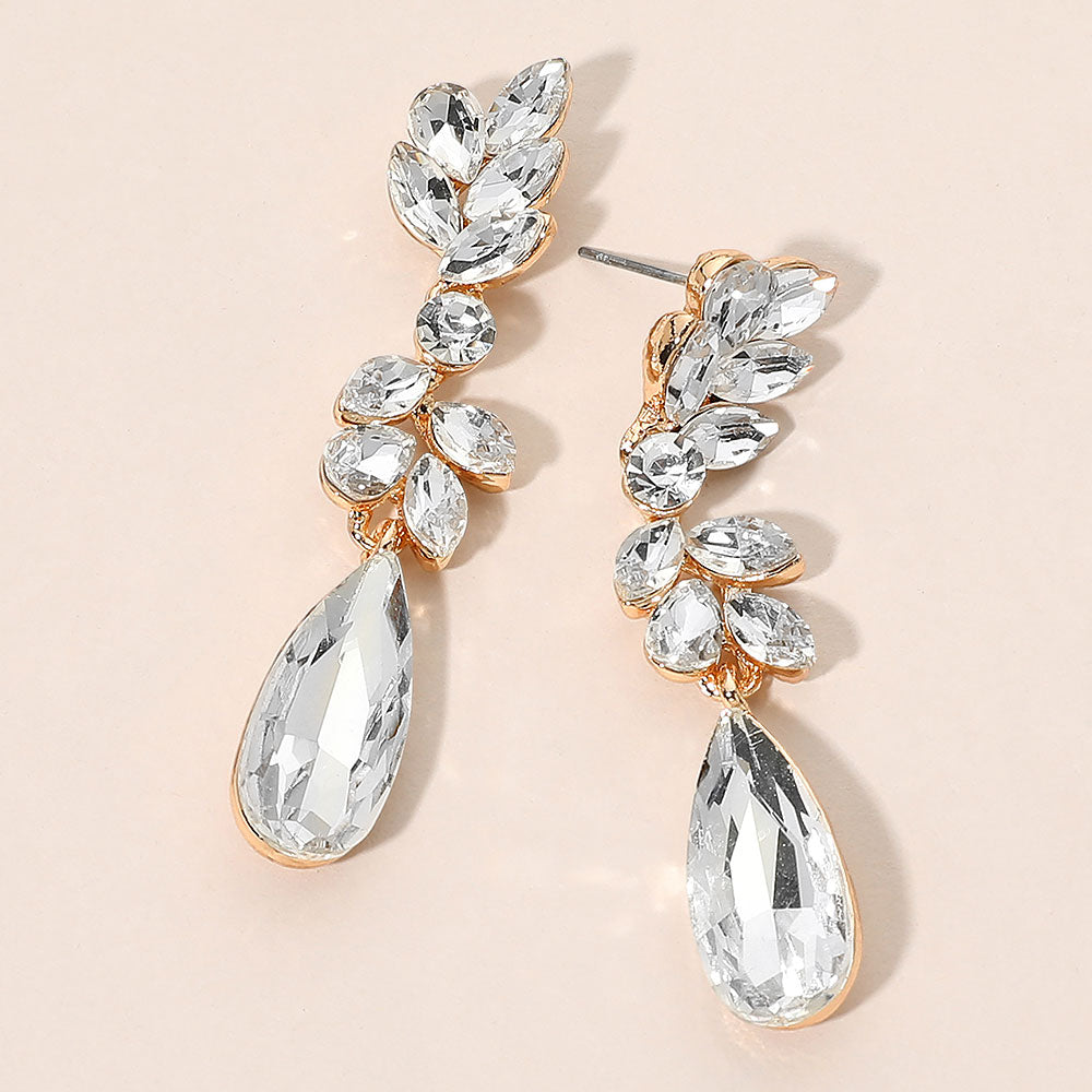 Madeline Love Clear, Gold Marquise Stone Long Teardrop Clueter Drop Evening Earrings