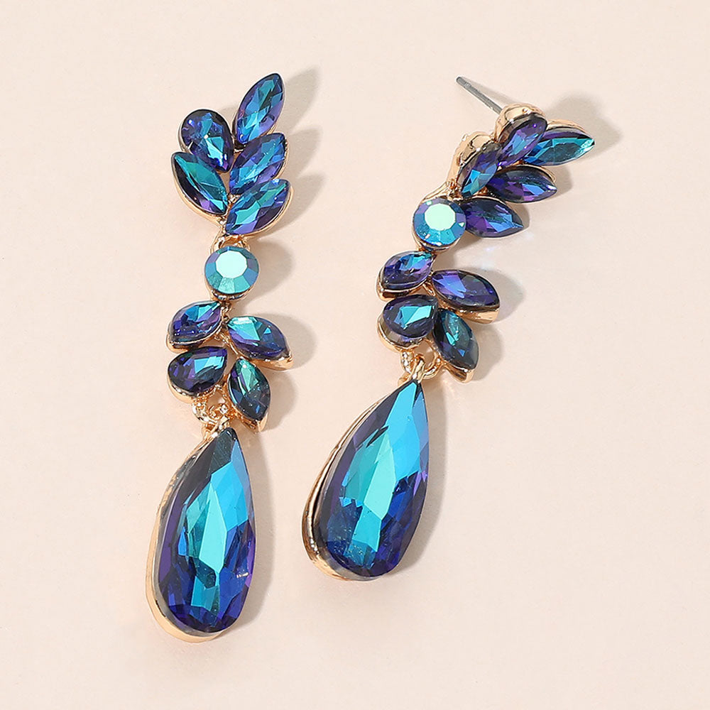 Madeline Love AB, Blue Marquise Stone Long Teardrop Clueter Drop Evening Earrings