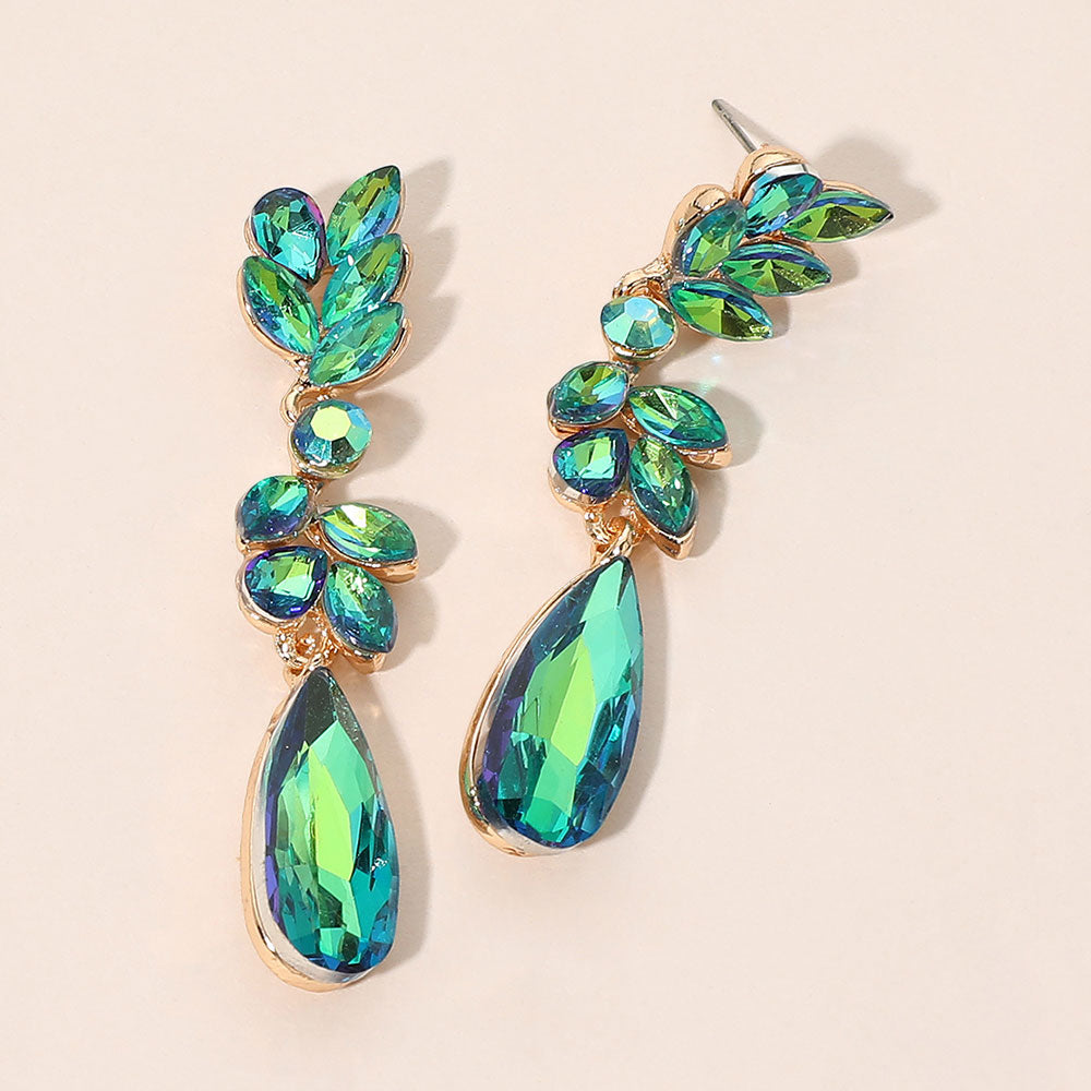 Madeline Love AB, Olive Green Marquise Stone Long Teardrop Clueter Drop Evening Earrings