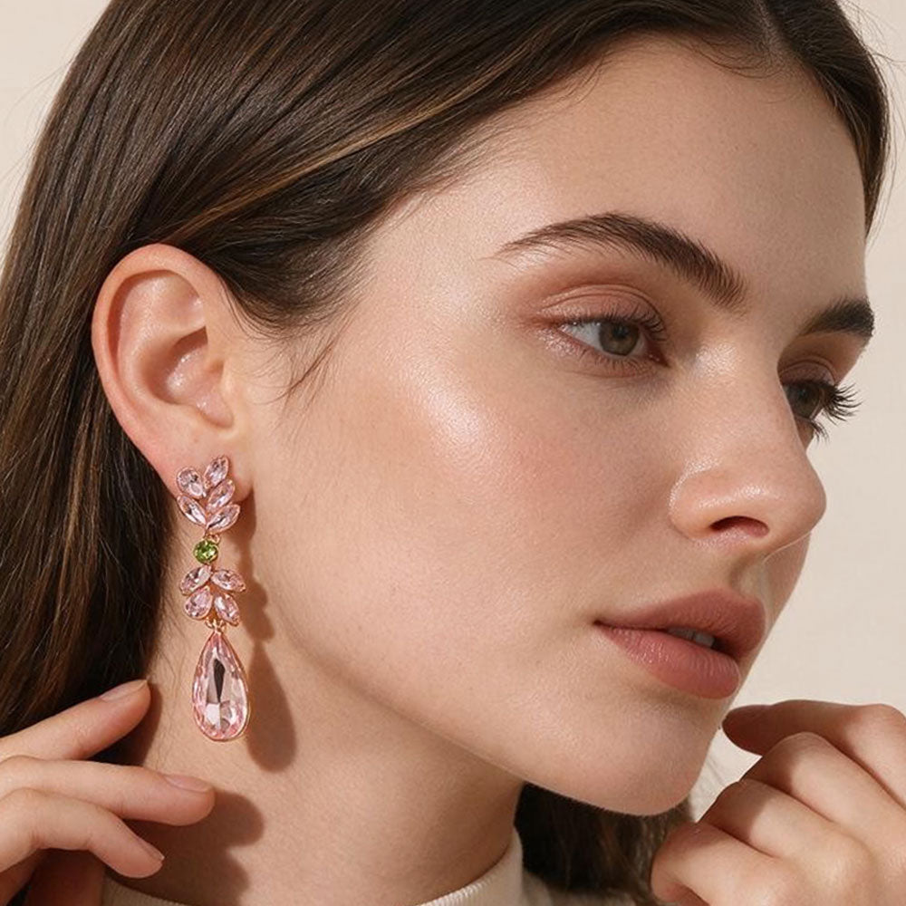 Madeline Love Pink&Green Marquise Stone Long Teardrop Clueter Drop Evening Earrings