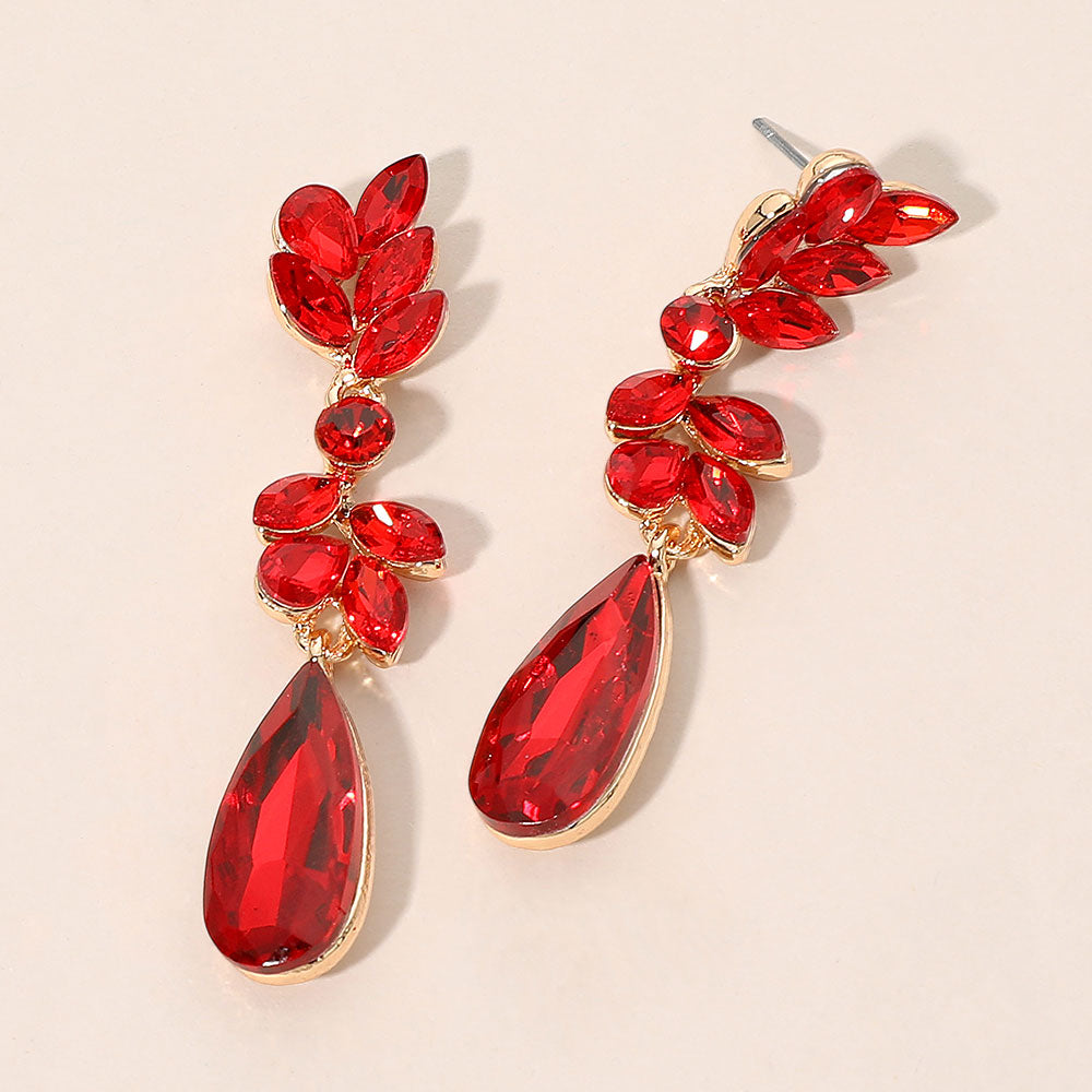 Madeline Love Red Marquise Stone Long Teardrop Clueter Drop Evening Earrings