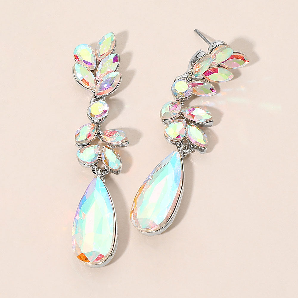 Madeline Love AB, Silver Marquise Stone Long Teardrop Clueter Drop Evening Earrings