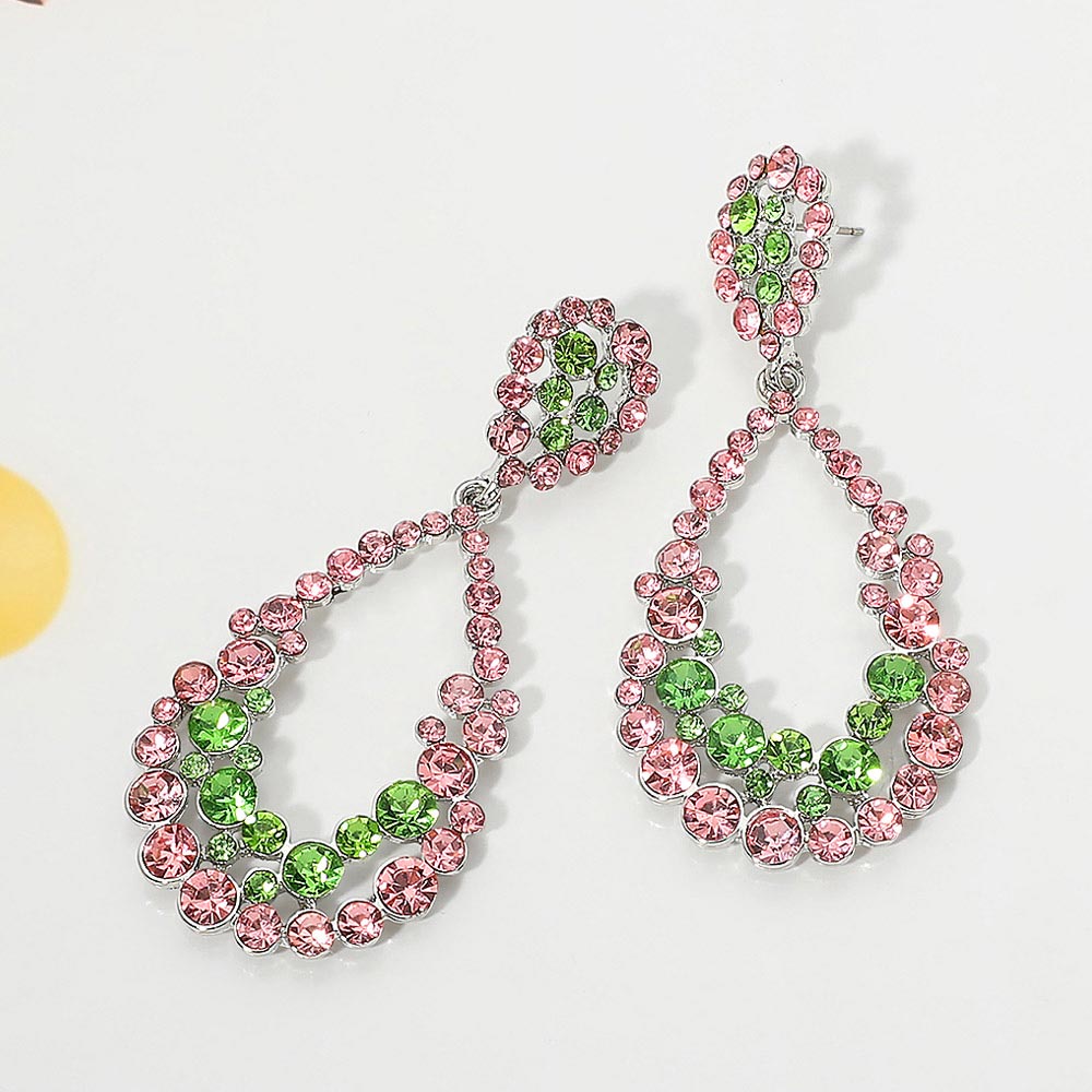 Madeline Love Pink, Pink&Green Rhinestone Embellished Open Teardrop Statement Evening Earrings