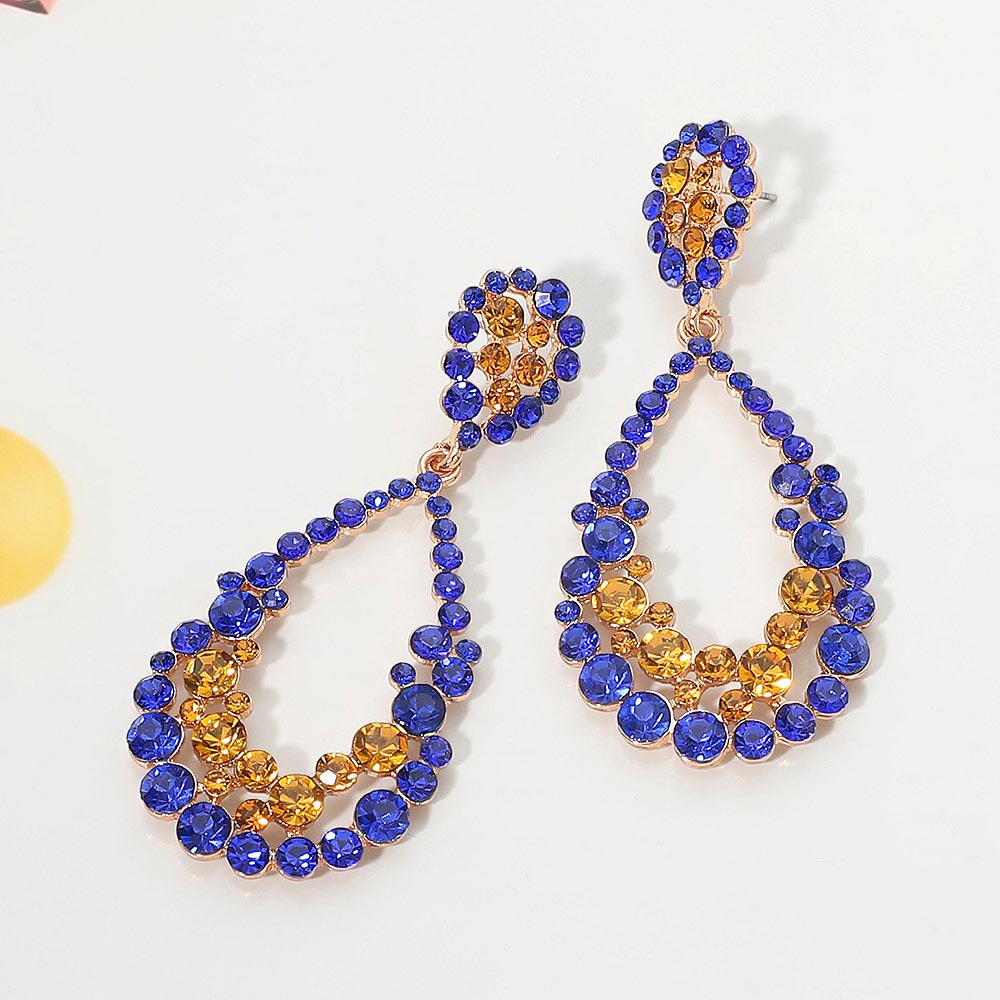 Madeline Love Blue, Yellow Rhinestone Embellished Open Teardrop Statement Evening Earrings