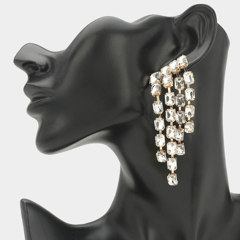 Madeline Love Clear, Gold Rectangular Stone Cluster Drop Chandelier Statement Evening Earrings
