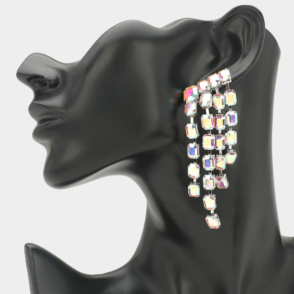 Madeline Love AB, Rhodium Rectangular Stone Cluster Drop Chandelier Statement Evening Earrings