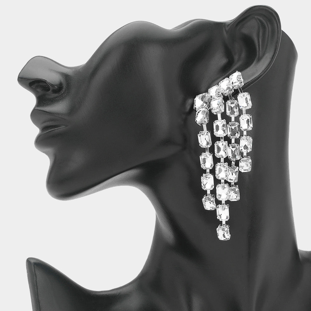 Madeline Love Clear, Rhodium Rectangular Stone Cluster Drop Chandelier Statement Evening Earrings