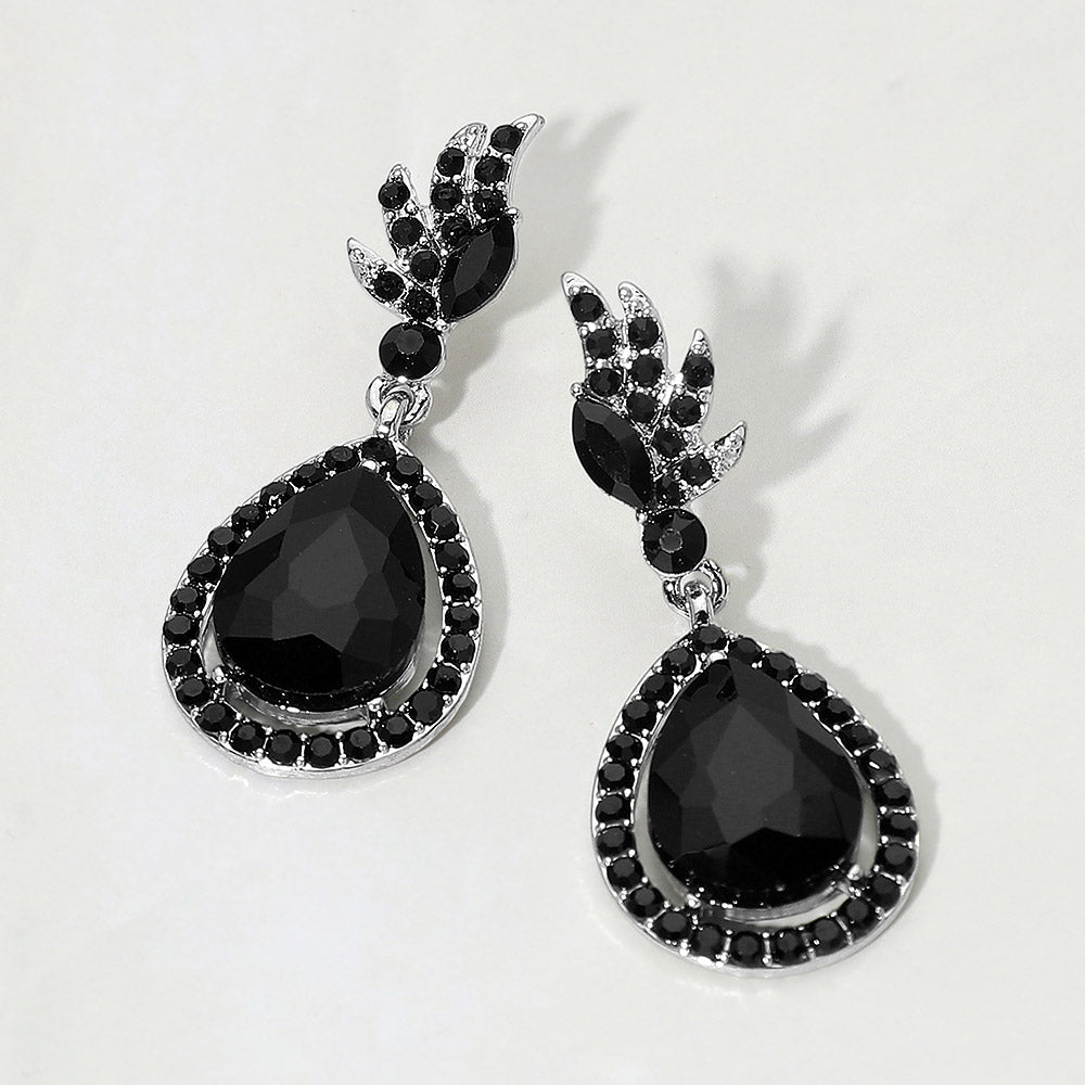 Madeline Love Black, Rhodium Teardrop Crystal Drop Evening Earrings