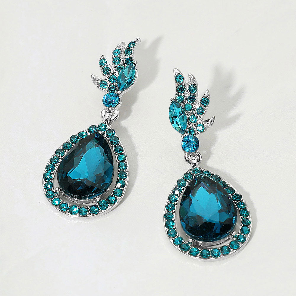 Madeline Love Blue Zircon, Rhodium Teardrop Crystal Drop Evening Earrings