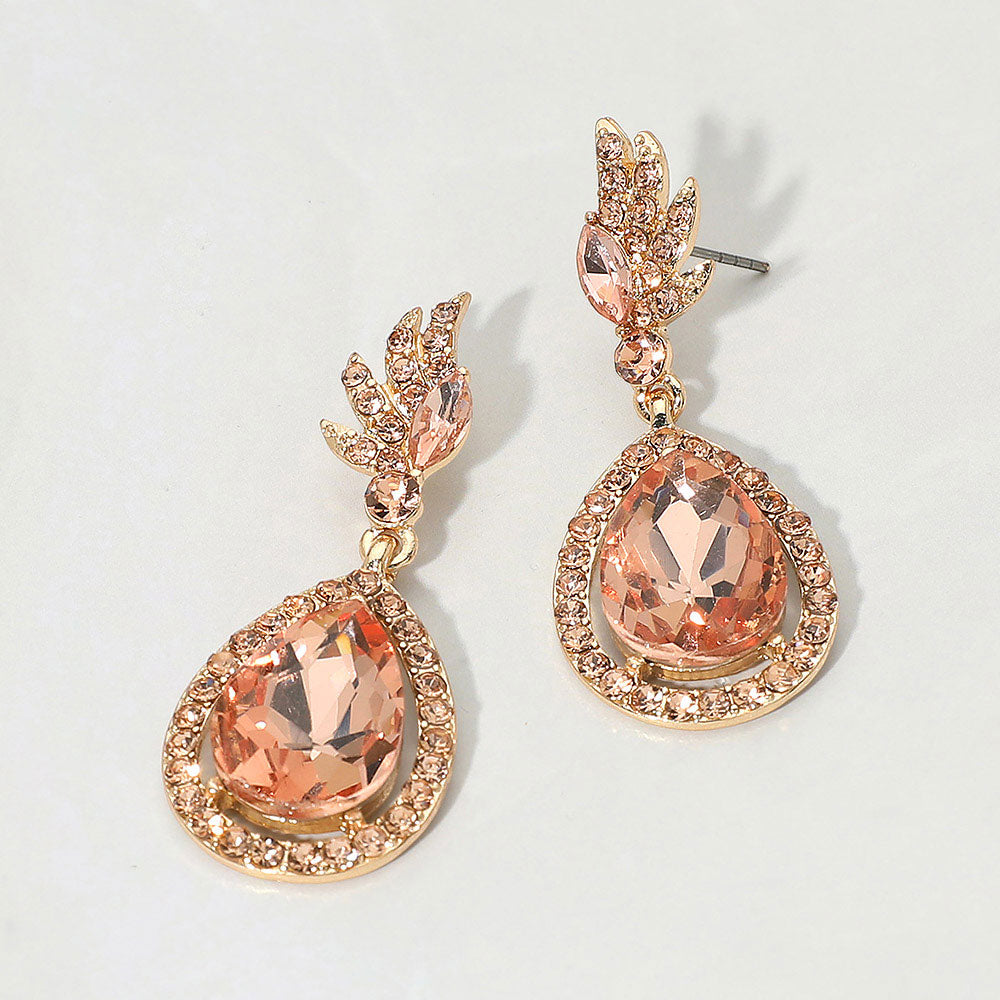 Madeline Love Peach, Rose Gold Teardrop Crystal Drop Evening Earrings