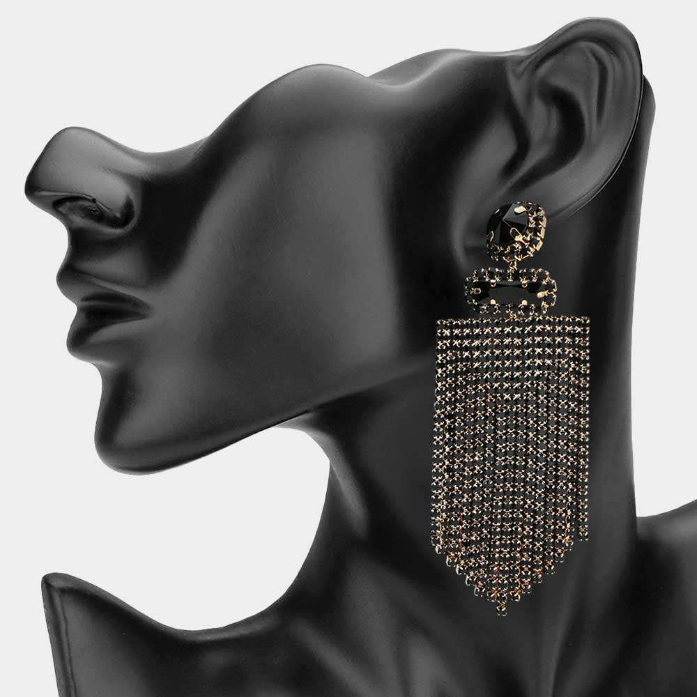Madeline Love Black, Gold Bold Rhinestone Fringe Tassel Evening Statement Earrings