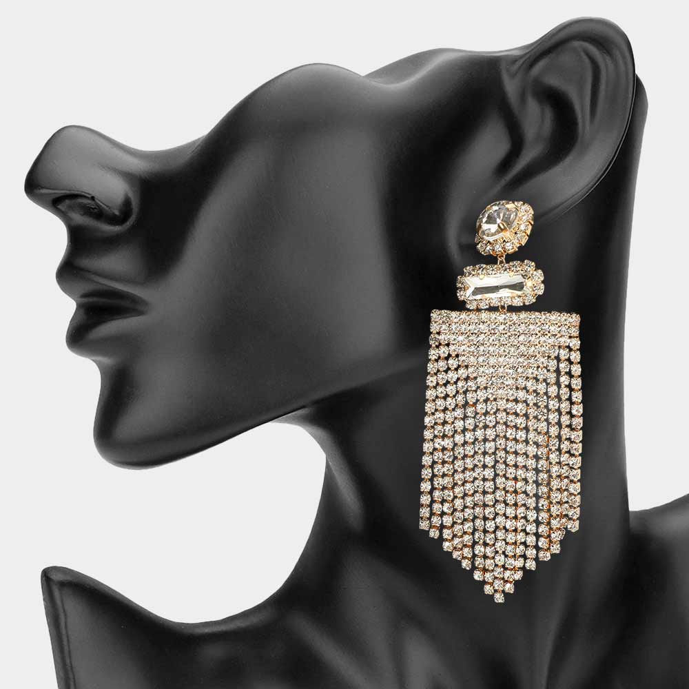 Madeline Love Clear, Gold Bold Rhinestone Fringe Tassel Evening Statement Earrings