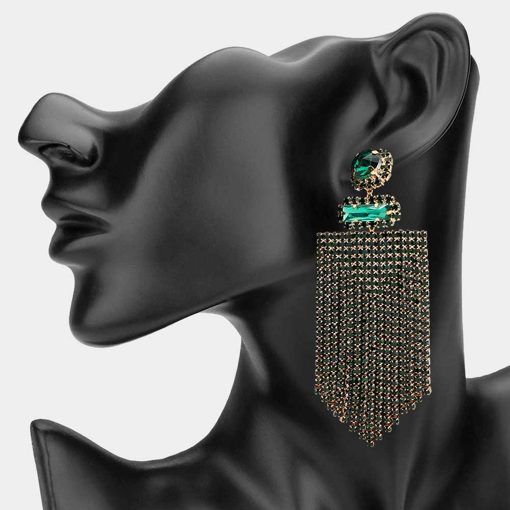Madeline Love Emerald, Gold Bold Rhinestone Fringe Tassel Evening Statement Earrings