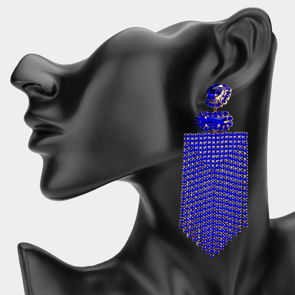 Madeline Love Gold, Royal Blue Bold Rhinestone Fringe Tassel Evening Statement Earrings