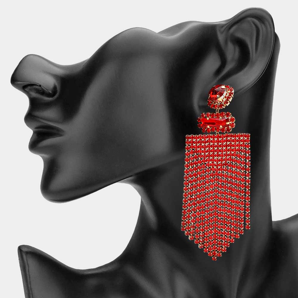 Madeline Love Gold, Red Bold Rhinestone Fringe Tassel Evening Statement Earrings
