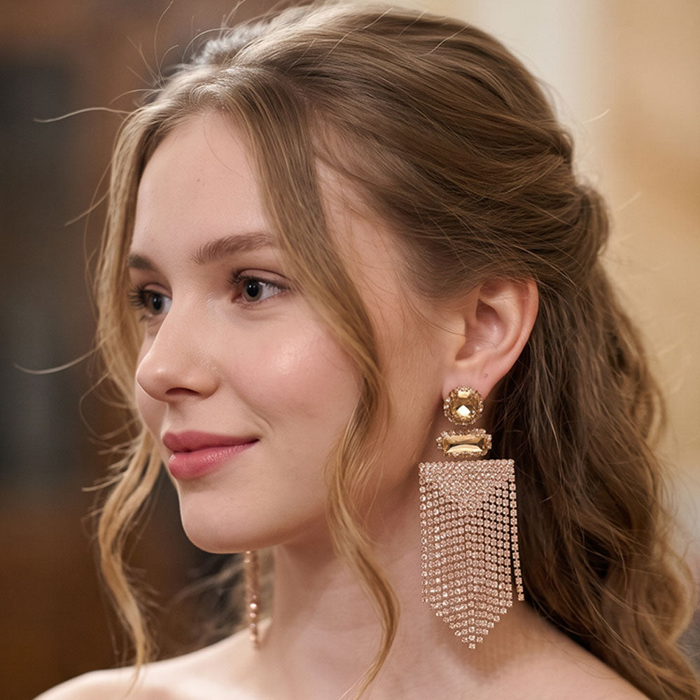 Madeline Love Gold, Topaz Bold Rhinestone Fringe Tassel Evening Statement Earrings
