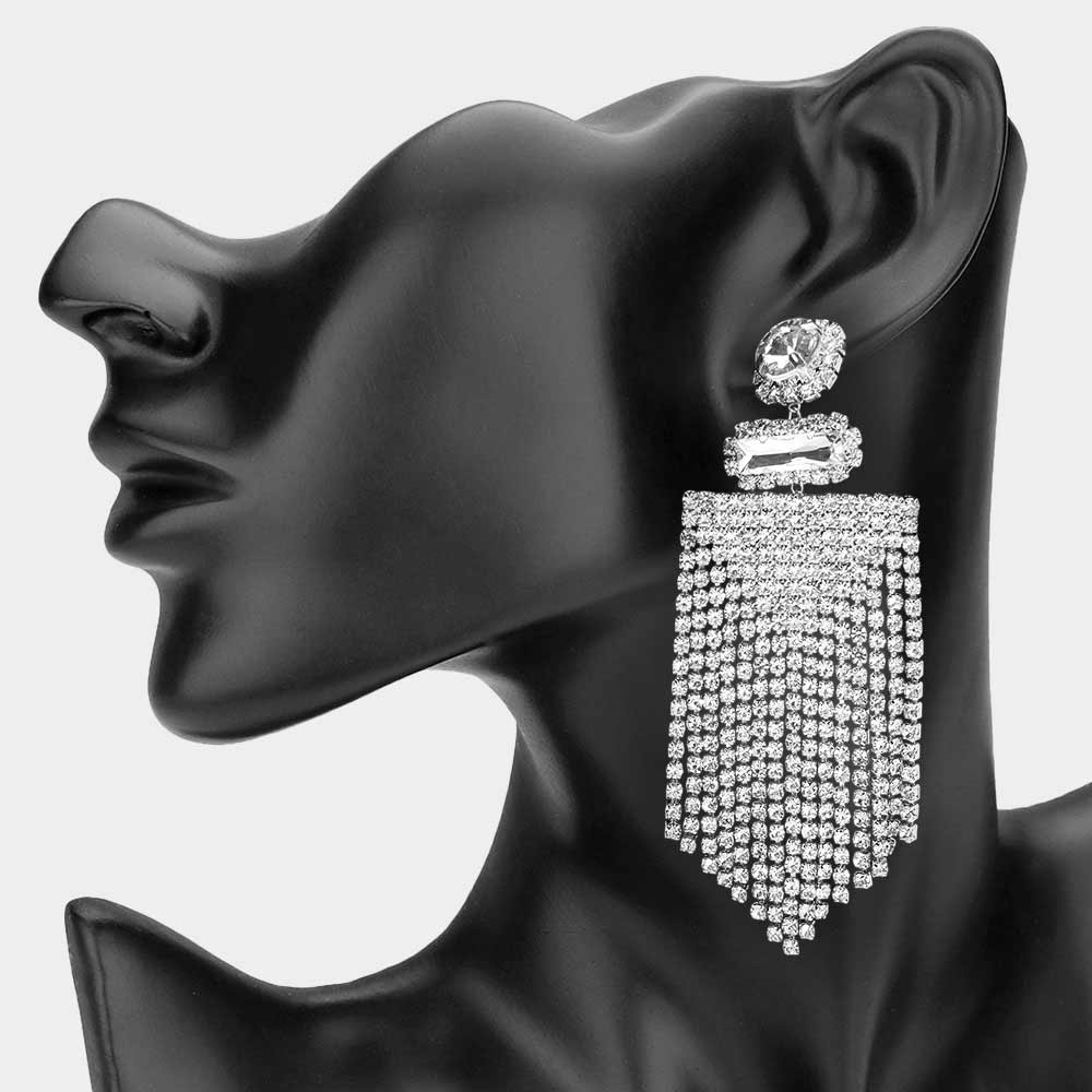 Madeline Love Clear, Rhodium Bold Rhinestone Fringe Tassel Evening Statement Earrings