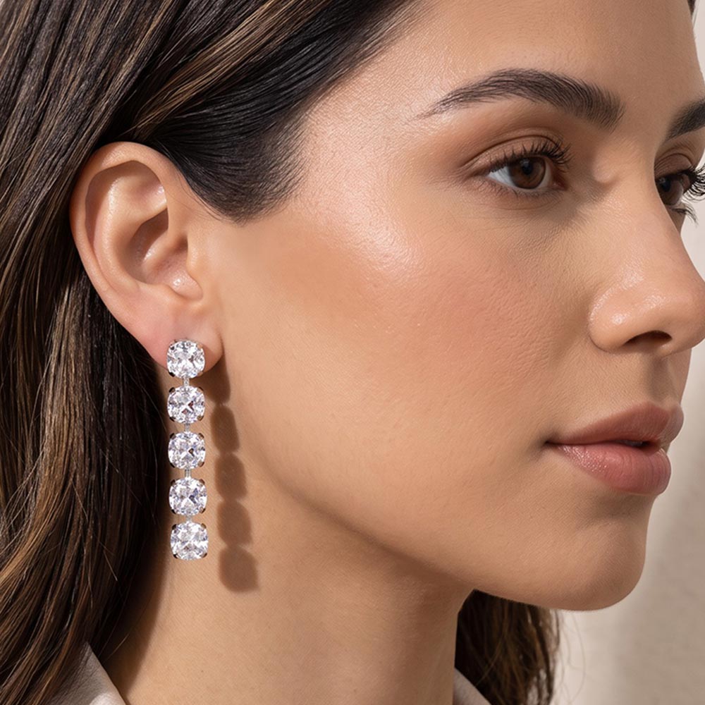 Madeline Love Clear, Silver Round Stone Cluster Link Drop Evening Earrings