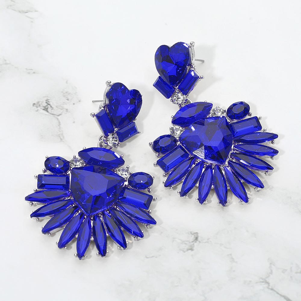 Madeline Love Blue Bold Marquise Stone Fan Drop Statement Evening Earrings