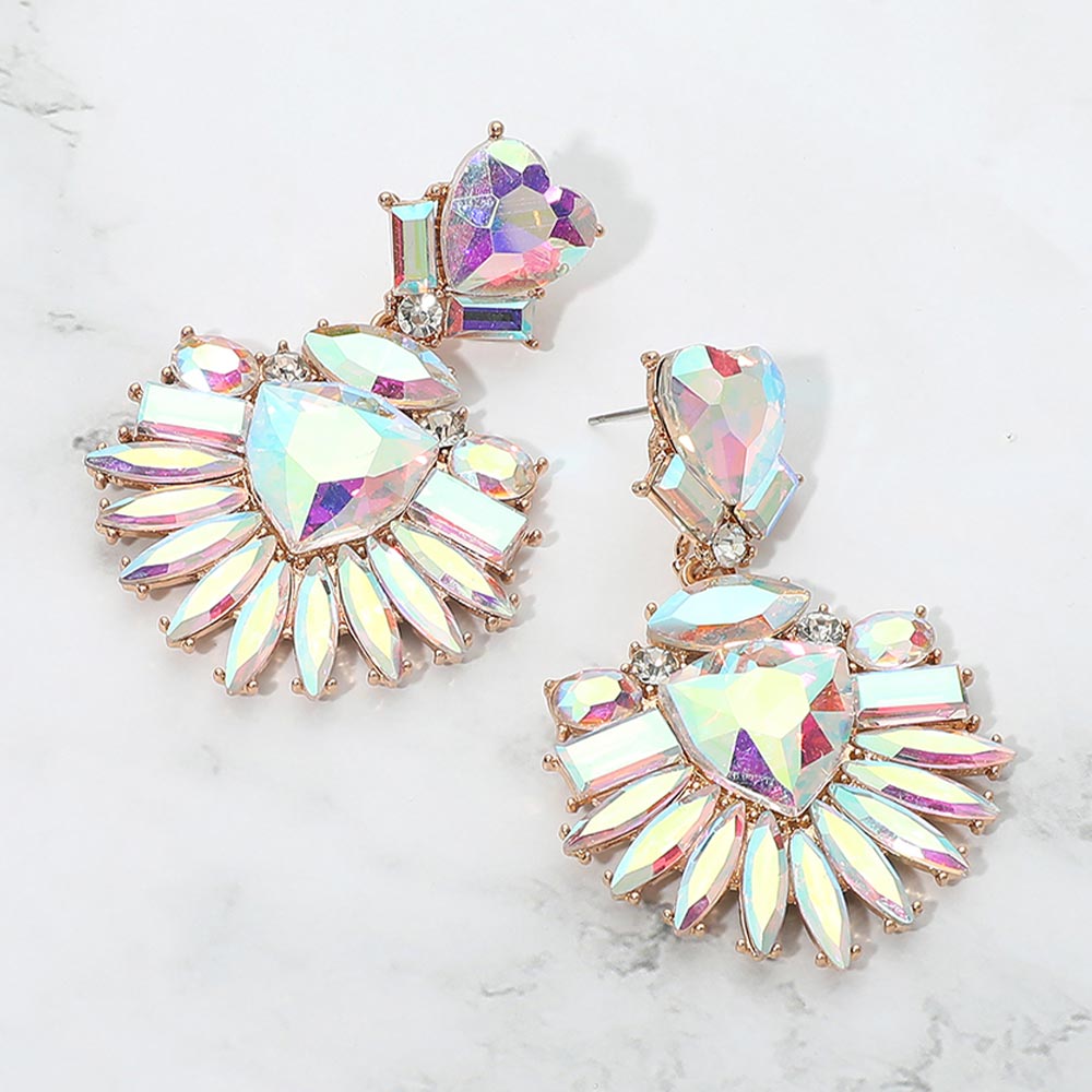 Madeline Love AB, Gold Bold Marquise Stone Fan Drop Statement Evening Earrings