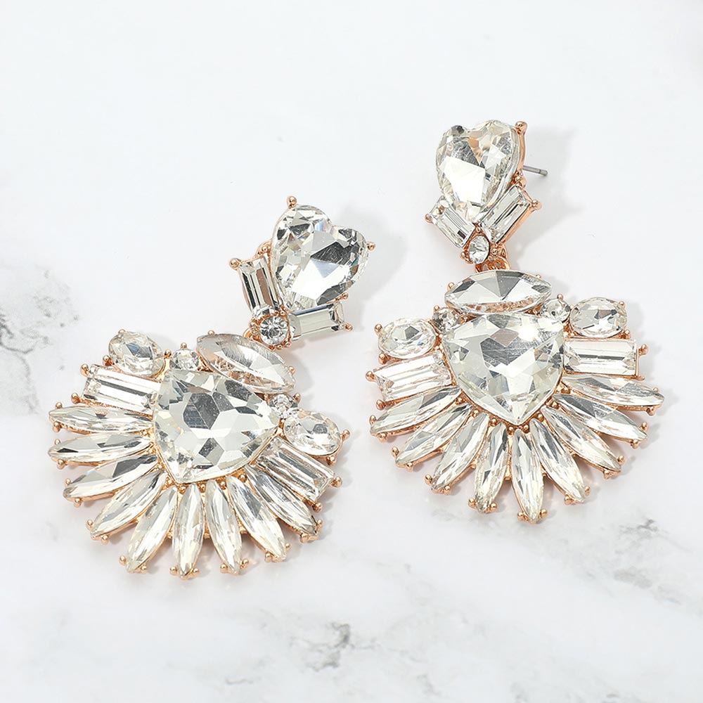 Madeline Love Clear, Gold Bold Marquise Stone Fan Drop Statement Evening Earrings