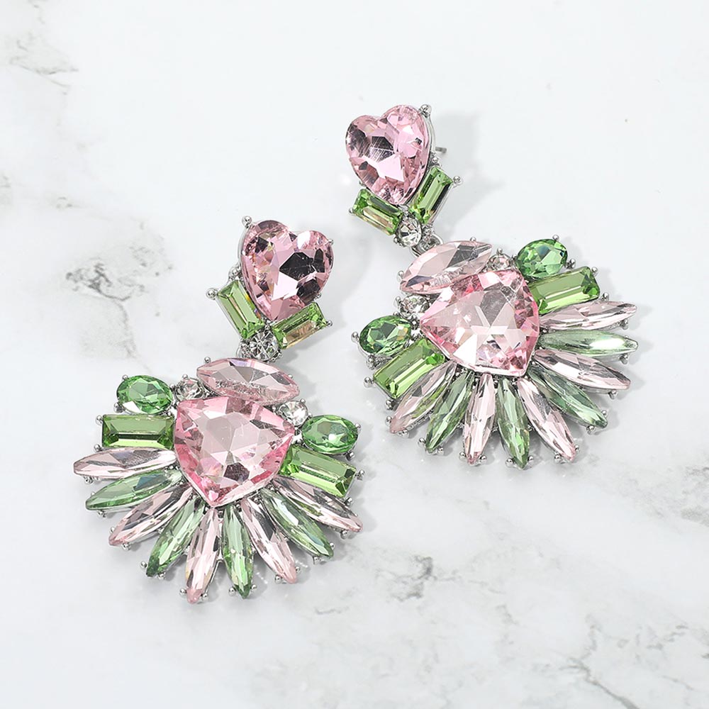 Madeline Love Pink&Green Bold Marquise Stone Fan Drop Statement Evening Earrings