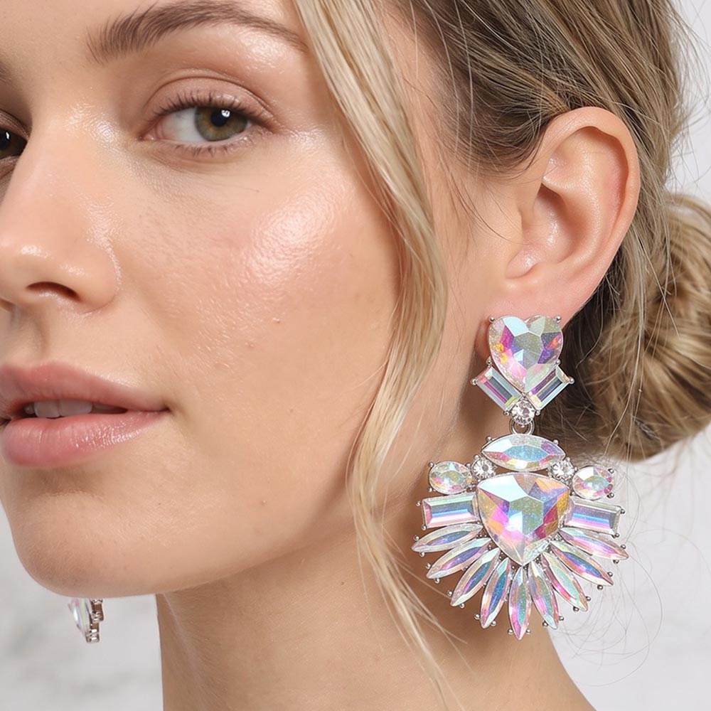 Madeline Love AB, Rhodium Bold Marquise Stone Fan Drop Statement Evening Earrings