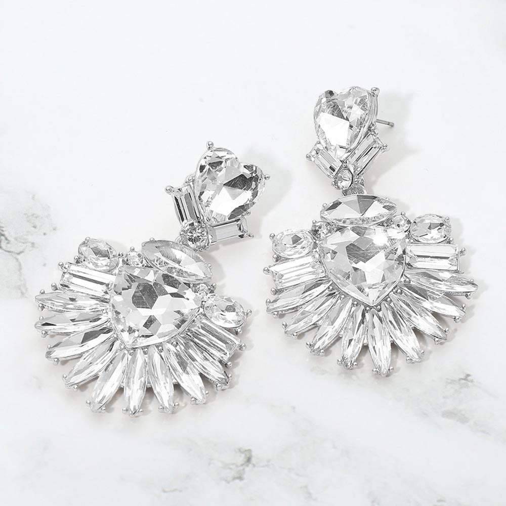 Madeline Love Clear, Rhodium Bold Marquise Stone Fan Drop Statement Evening Earrings